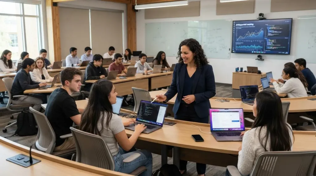 higher education classroom with instructor interacting with students using laptops
