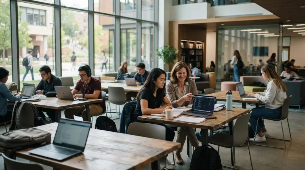 higher education study space with students independently using laptops