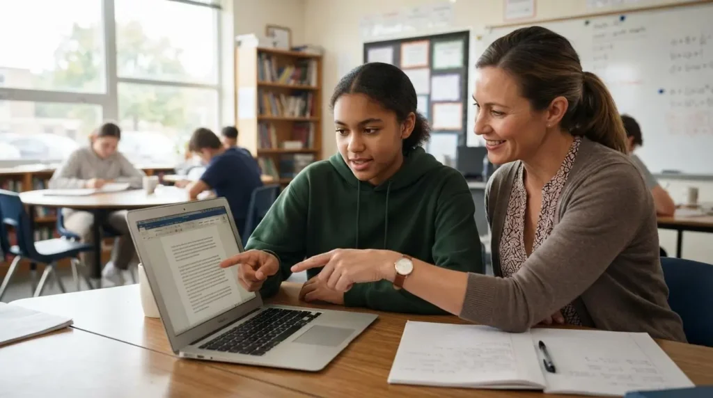 student revising an essay on a laptop while a teacher provides one-on-one guidance
