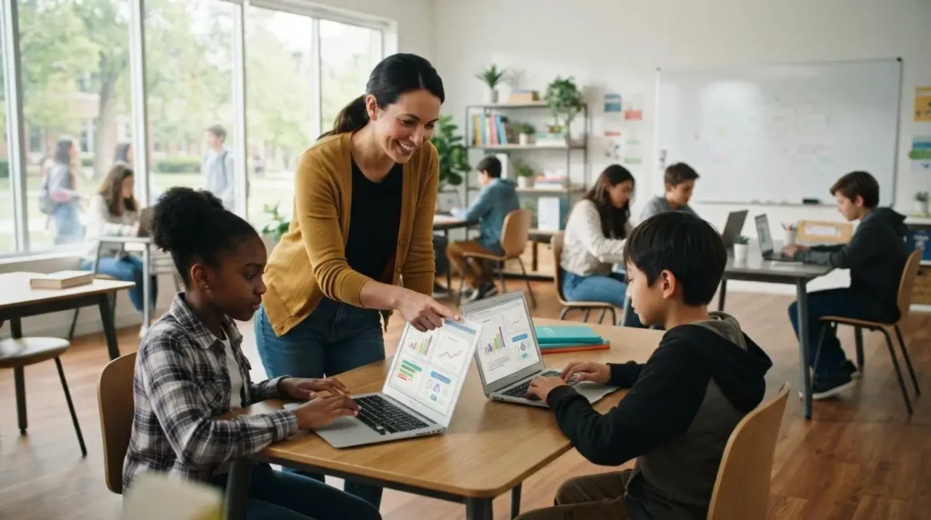 teacher guiding students using laptops in a modern classroom