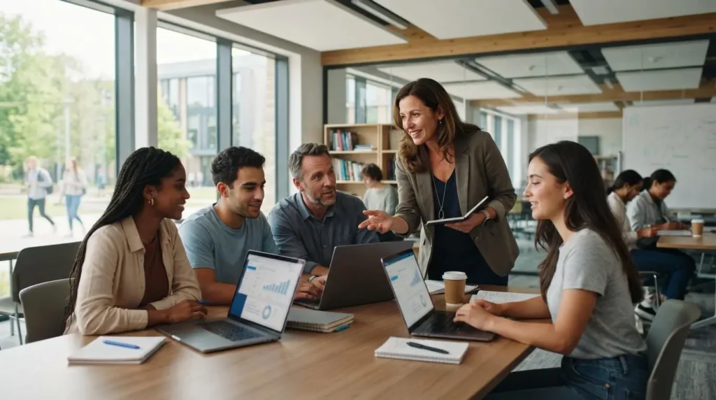 Photorealistic university educator discussing AI learning platform options with students using laptops in a modern classroom, emphasizing informed educational decision-making, natural light