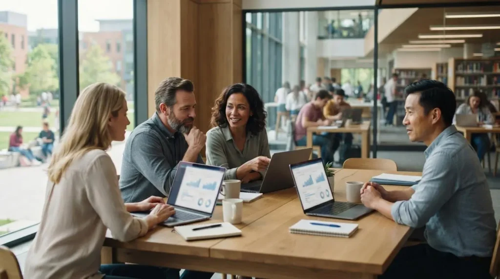 Photorealistic university faculty reviewing AI learning platforms on laptops during a collaborative meeting while students study in the background, modern higher education environment