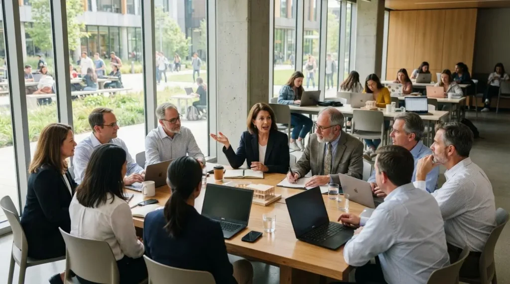university leadership team and faculty discussing AI-powered education around a conference table