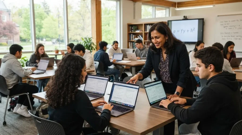 university professor assisting students working on laptops