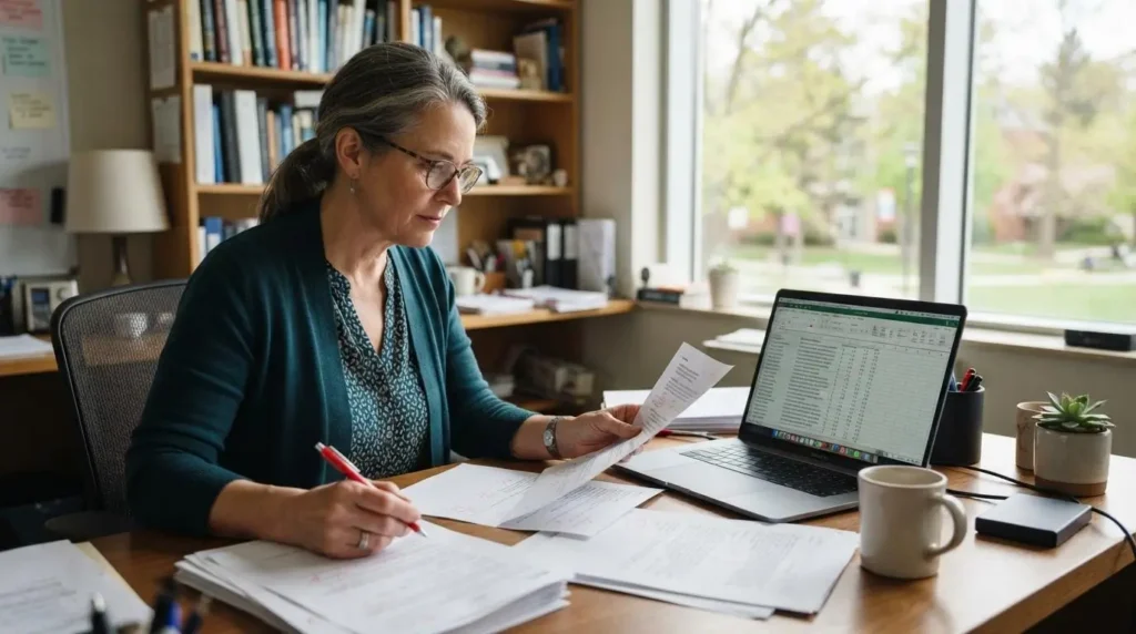 university professor carefully reviewing and evaluating student assignments on a laptop.