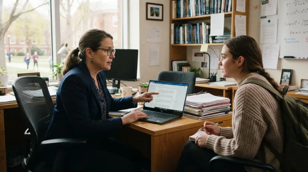 university professor efficiently reviewing a large stack of digital student assignments.