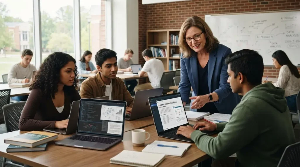 university professor guiding students in a modern classroom while reviewing coursework on laptops