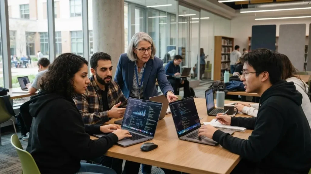 university professor mentoring students working on laptops