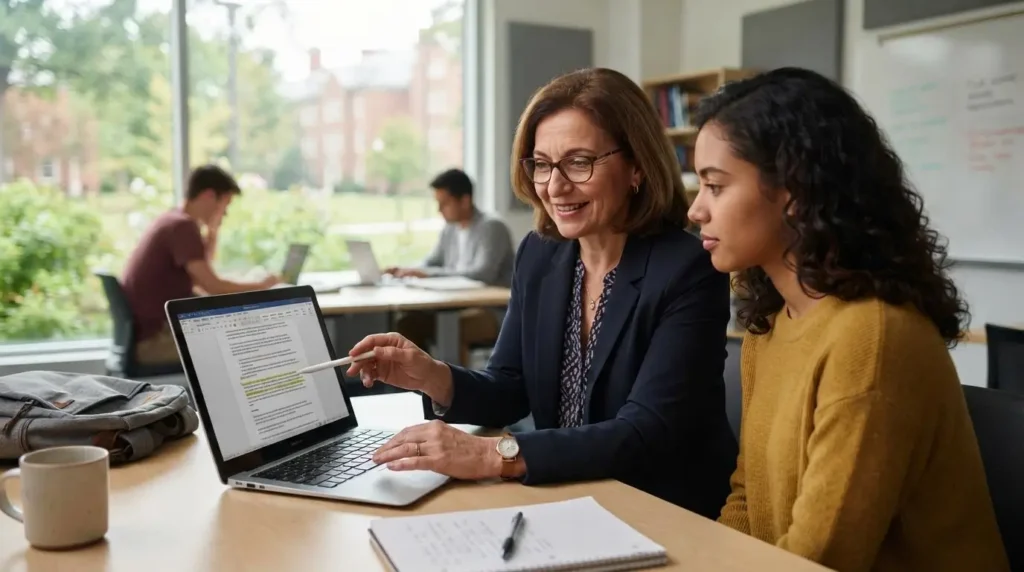 university professor reviewing a student's written assignment on a laptop