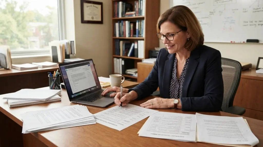 university professor reviewing student assignments