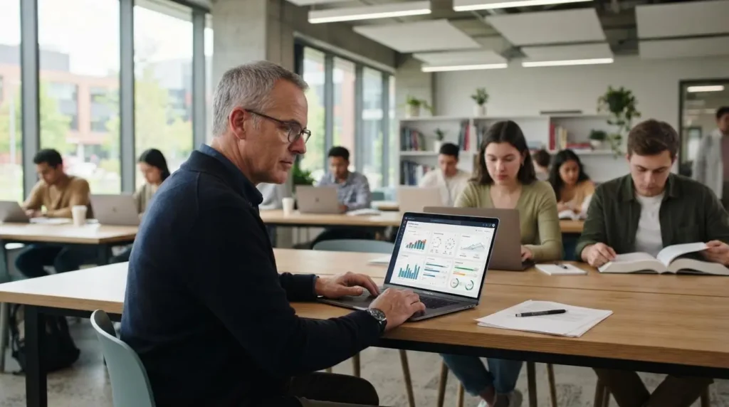 university professor reviewing student learning progress