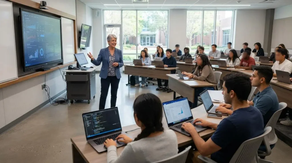university professor teaching while students use laptops in a modern smart classroom