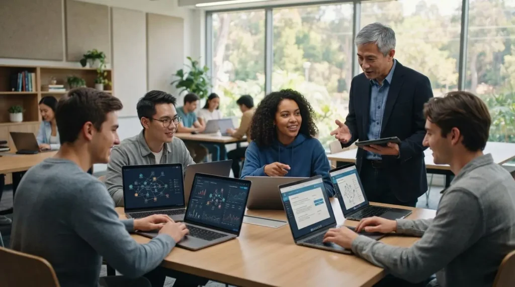 Photorealistic university students easily navigating AI-powered learning on laptops while a professor provides guidance, modern technology-enabled classroom, natural lighting
