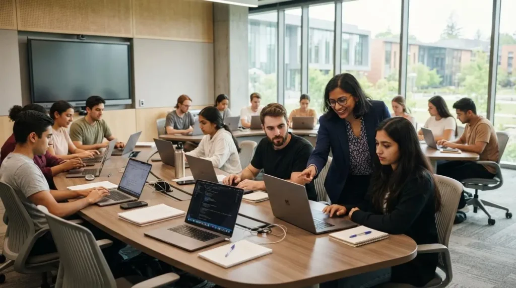 university students working on laptops