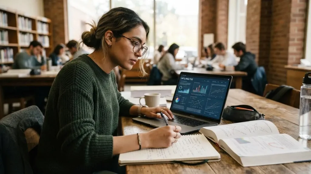 college student analyzing complex coursework on a laptop