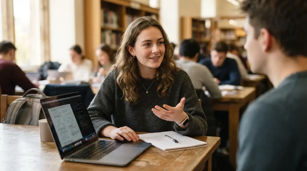 university student thoughtfully explaining ideas while studying on a laptop