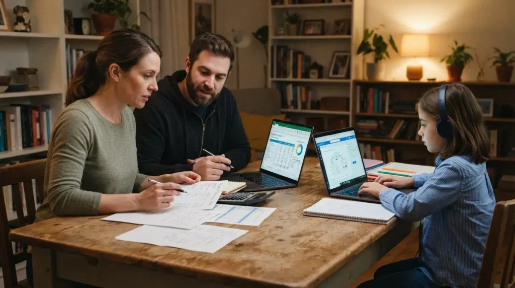 parents reviewing household education expenses