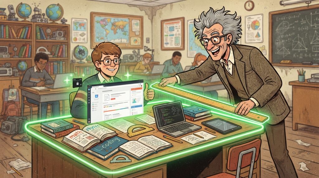 Cartoon illustration of the wild-haired professor drawing a glowing green boundary line with a ruler around a student's entire desk full of open approved tools and files.