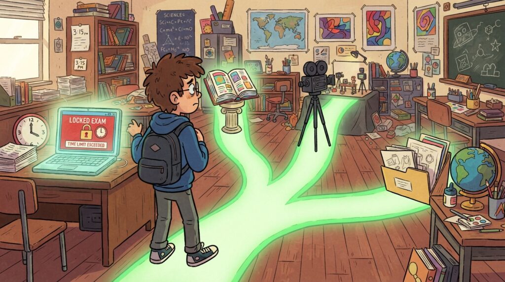 Cartoon illustration of a student standing at a fork in the road made of glowing green paths, turning away from a laptop showing a locked fullscreen exam window.