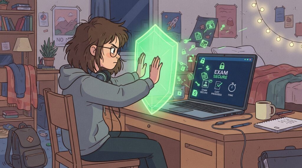 Cartoon illustration of a student holding up a glowing green shield in front of their own laptop.