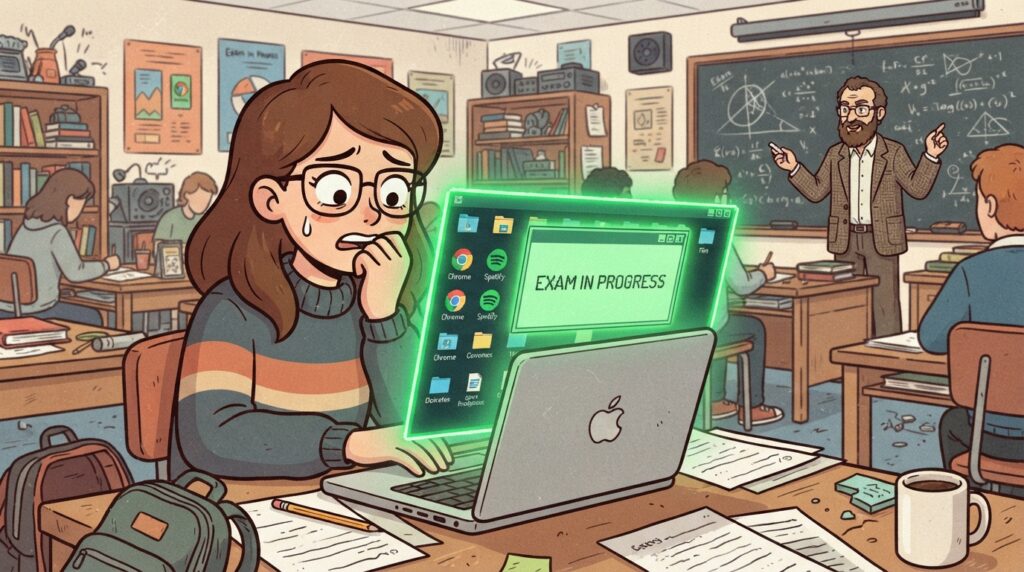 Cartoon illustration of a student watching nervously as a glowing green exam window expands to swallow every other icon and open window on their laptop screen.