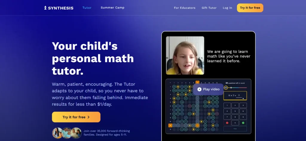 Synthesis AI math tutor platform providing personalized one-on-one math learning