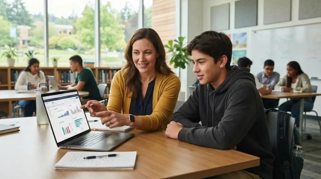 Teacher and student reviewing AI-powered learning progress together on a laptop