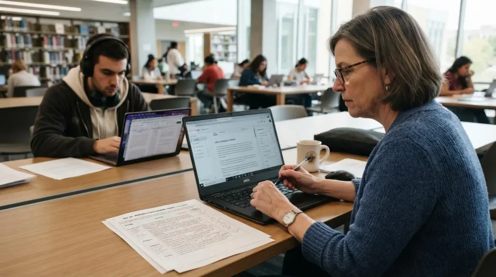 Teacher reviewing digital assignments on a computer