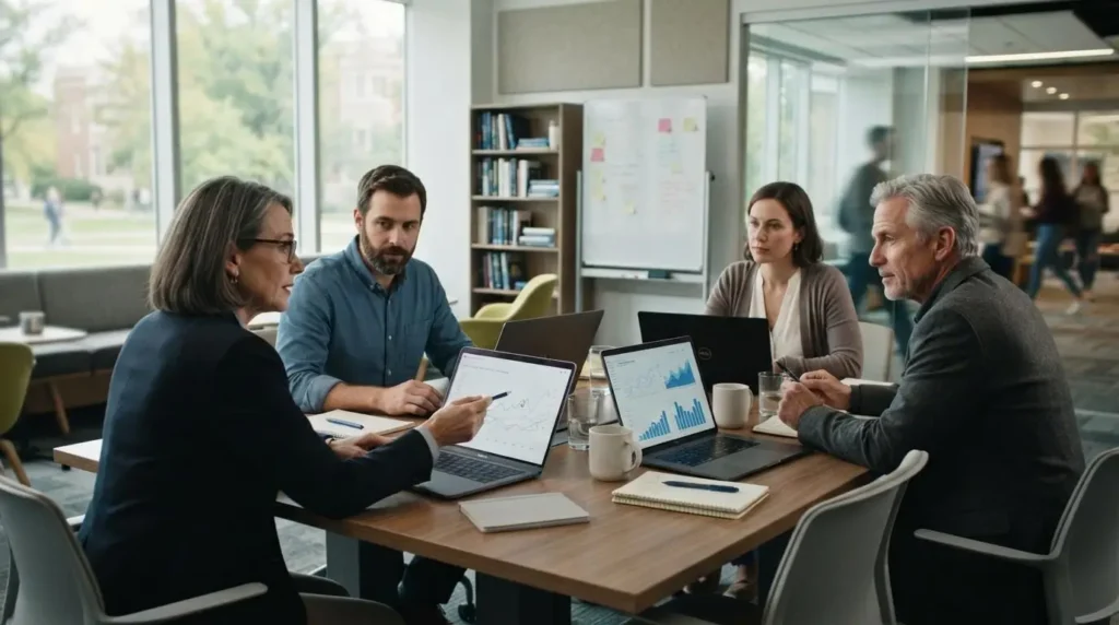 University educators reviewing student performance data on laptops