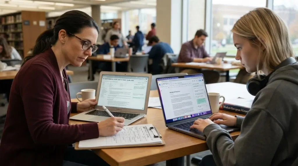 University instructor reviewing AI-generated rubric feedback