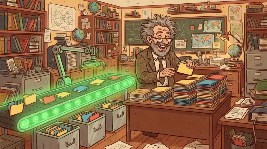 Wild-haired professor happily stacking many small exam folders that are being sorted automatically by a glowing green conveyor belt
