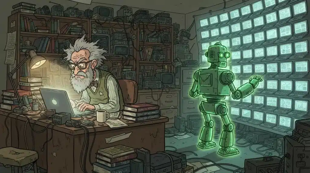 Wild-haired professor on one side watching a single laptop closely, while on the other side a glowing green robotic figure watches an entire wall of many laptop screens at once