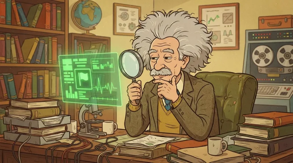 Wild-haired professor reviewing a floating glowing green flagged moment on a screen, magnifying glass in hand, calmly deciding rather than reacting