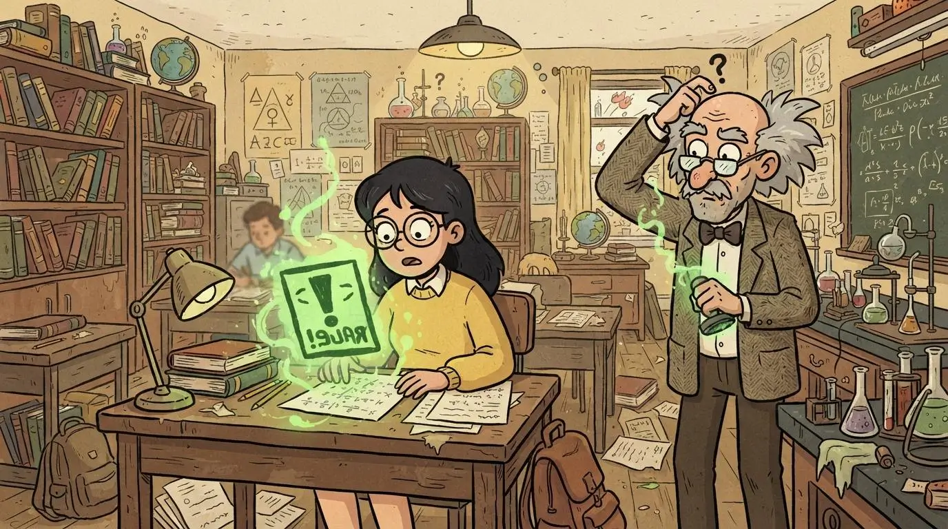 A student looking confused as a glowing green warning stamp lands on their paper for no clear reason.