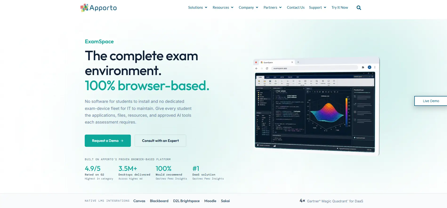 Apporto ExamSpace browser-based exam environment displayed on a laptop, with virtual applications, exam tools