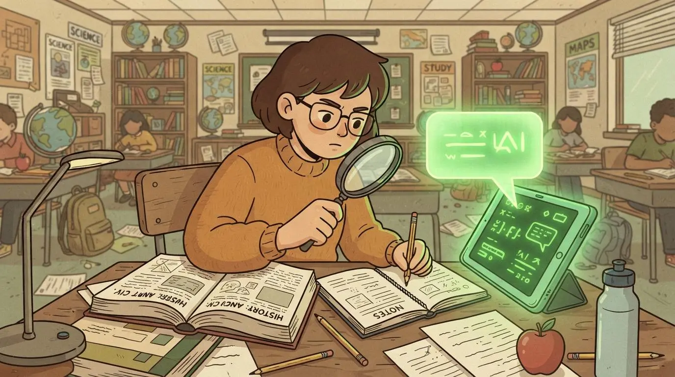 Cartoon illustration of a student checking a glowing green AI-generated answer. 