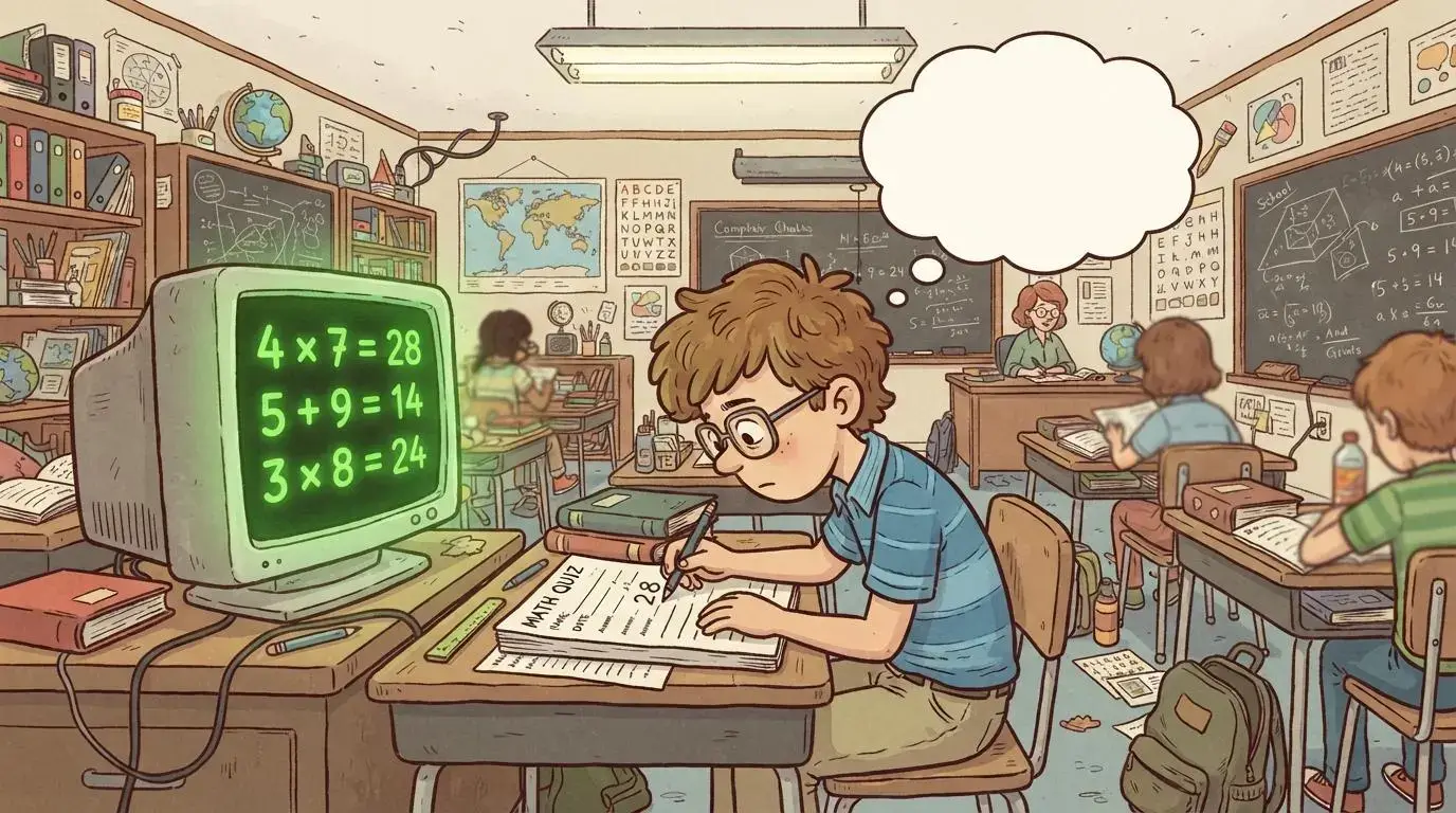 Cartoon illustration of a student copying a glowing green answer directly from a screen. 