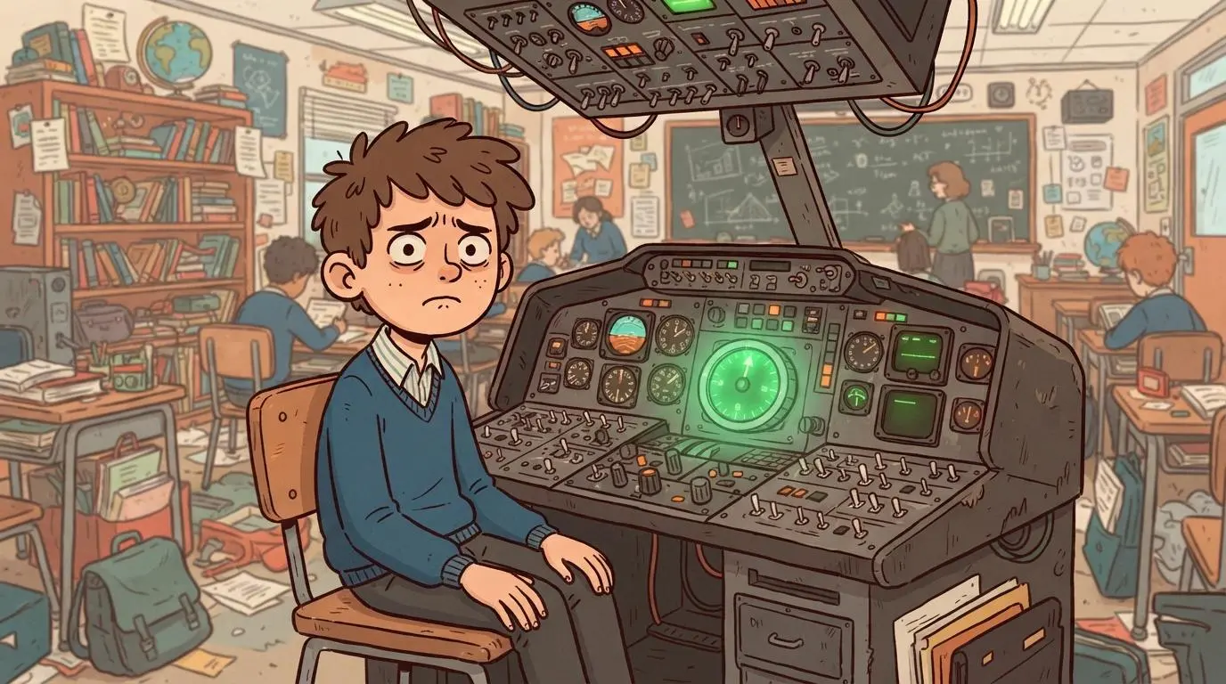 Cartoon illustration of a student sitting in an airplane cockpit-style desk.