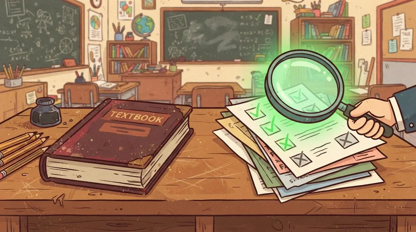 Cartoon illustration of an old dusty textbook on one side of a desk.