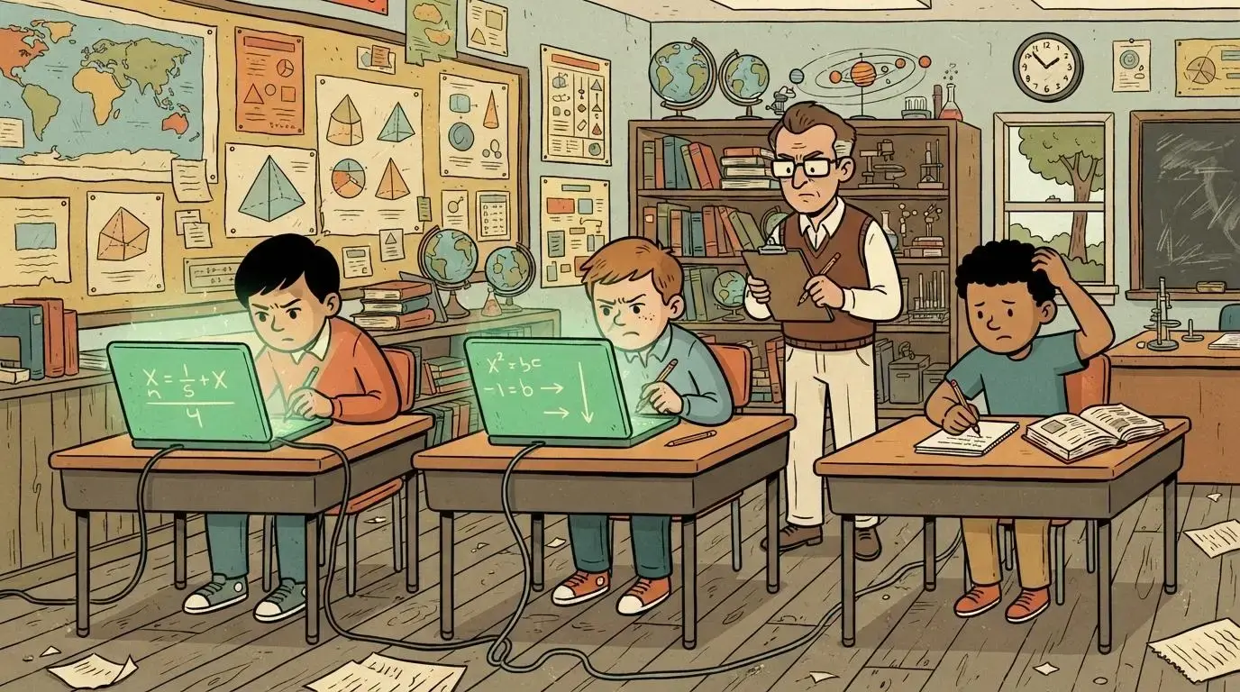 Cartoon illustration of three students at three separate desks.