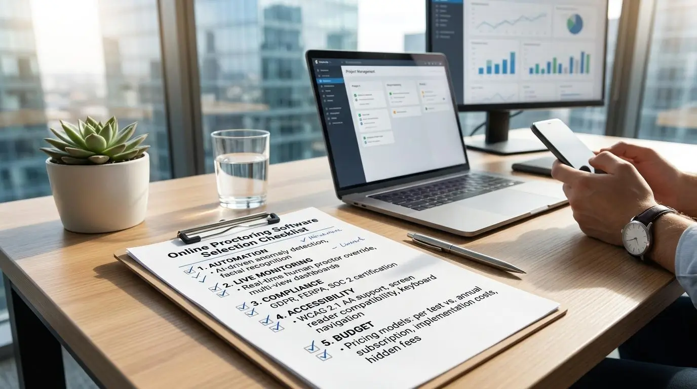 Modern workspace showing a checklist for selecting online proctoring software.