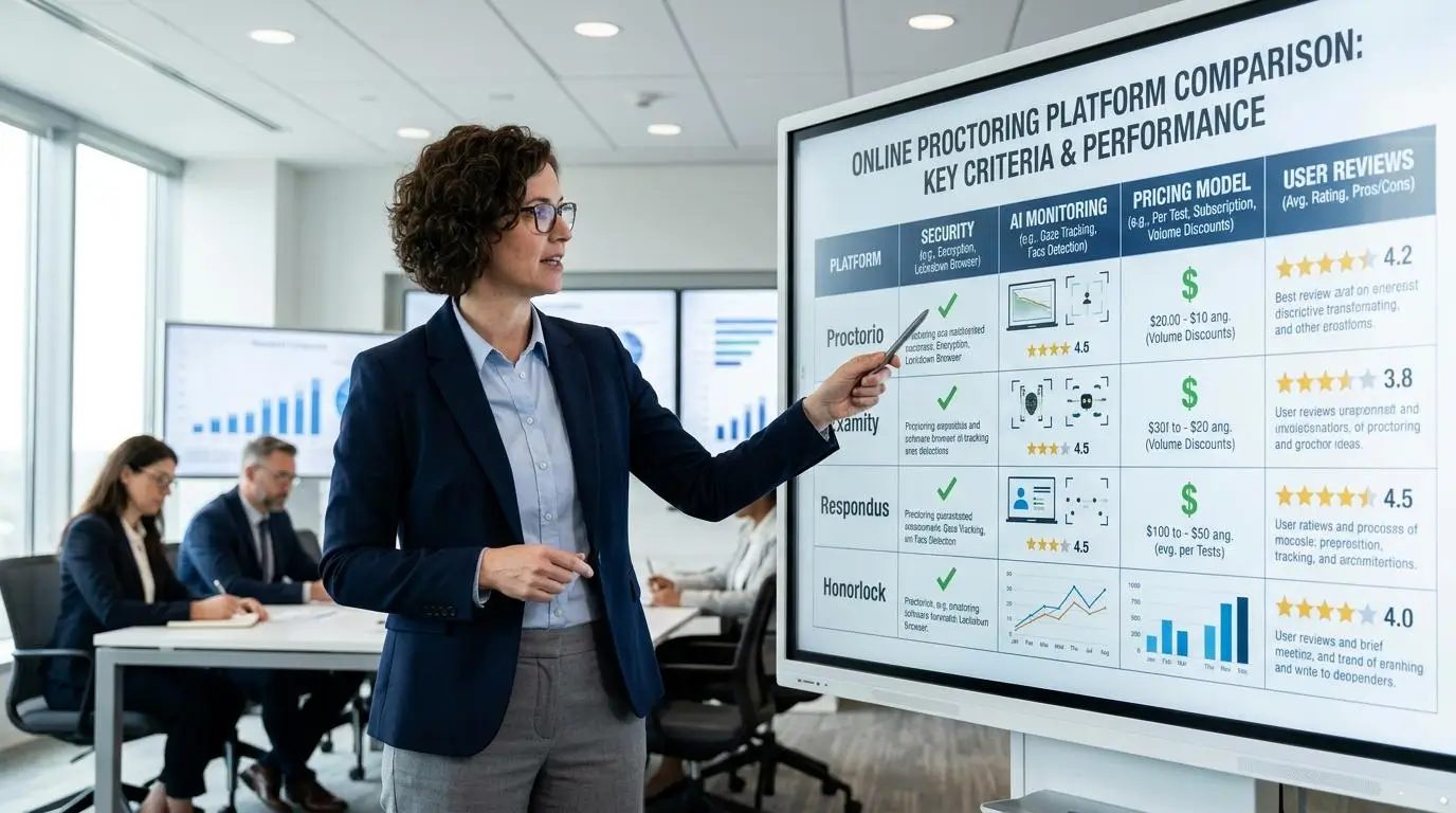 Professional analyst comparing multiple online proctoring software platforms