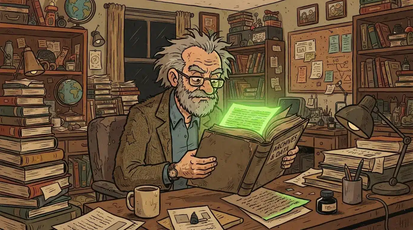 The wild-haired professor reading a thick official report with one paragraph glowing green and highlighted.