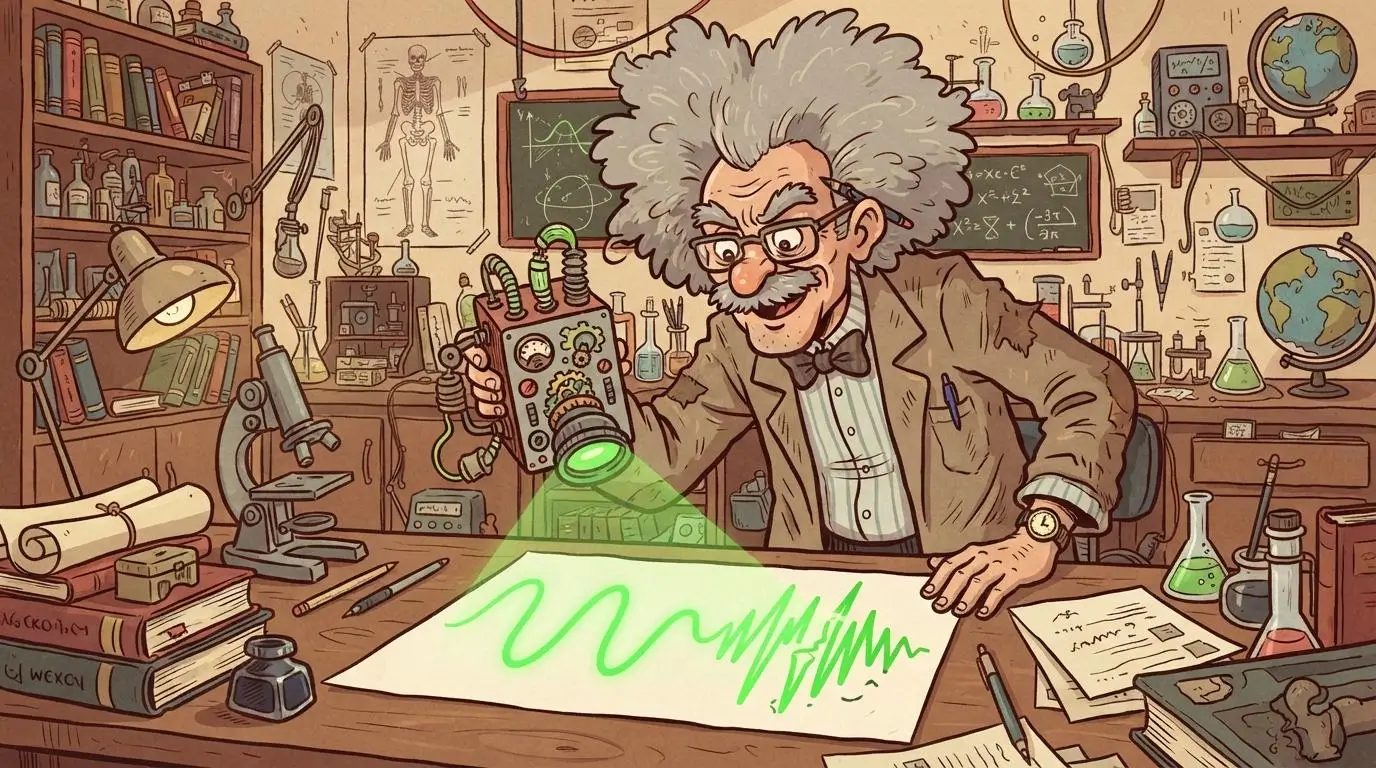 The wild-haired professor's scanning device projecting a wavy green line onto a paper.