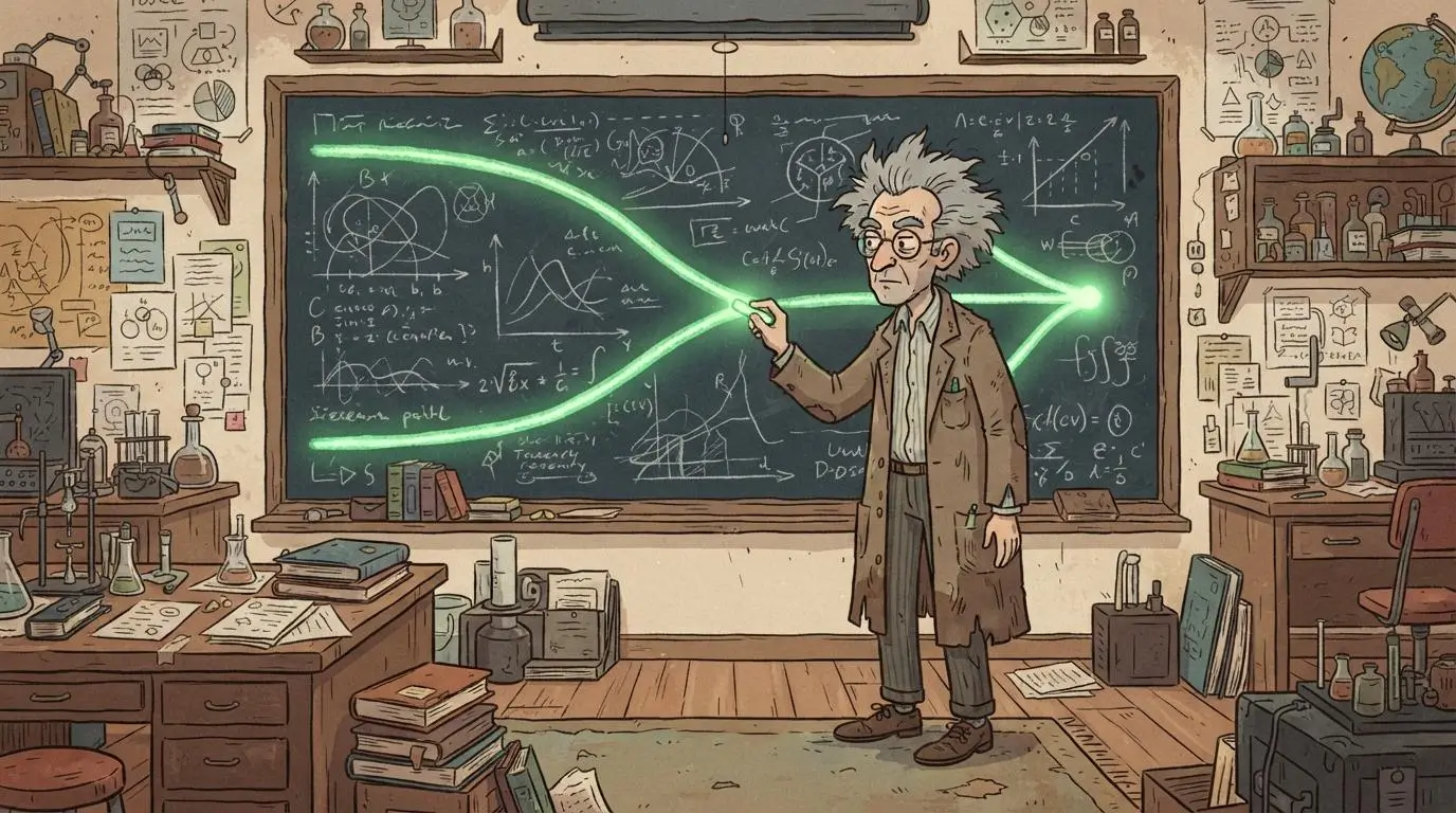 Two separate glowing green research paths on a chalkboard starting far apart and curving to meet at the same point.