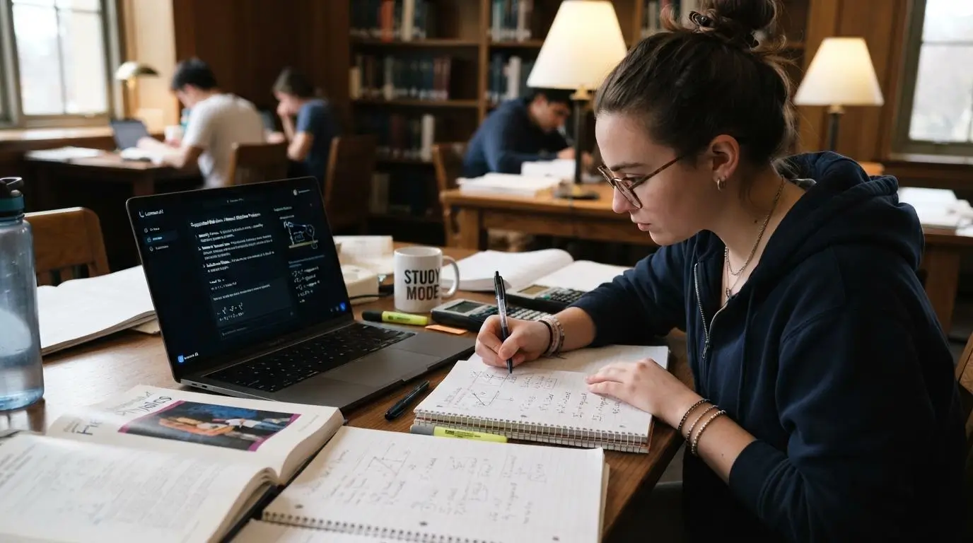 AI tutor providing a suggested solution while a student works through the problem independently with textbooks.