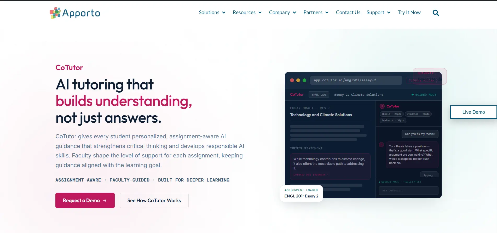 AI tutoring interface showing Apporto CoTutor providing personalized.