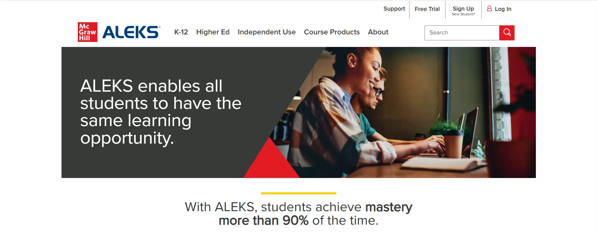 ALEKS AI tutoring platform showing students using personalized learning tools to build mastery across K-12 and higher education.