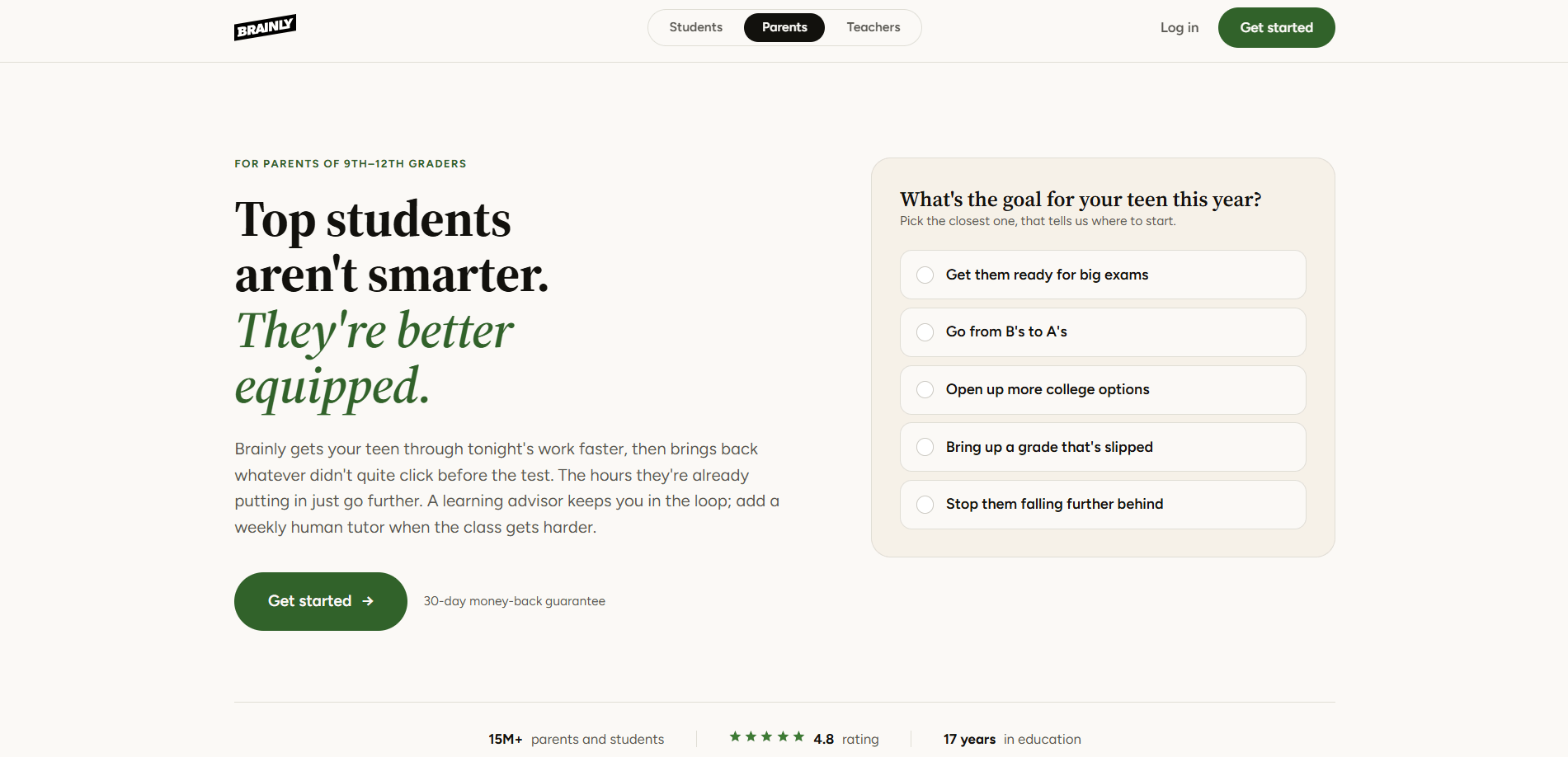 Brainly AI tutoring platform for parents, showing personalized academic support.