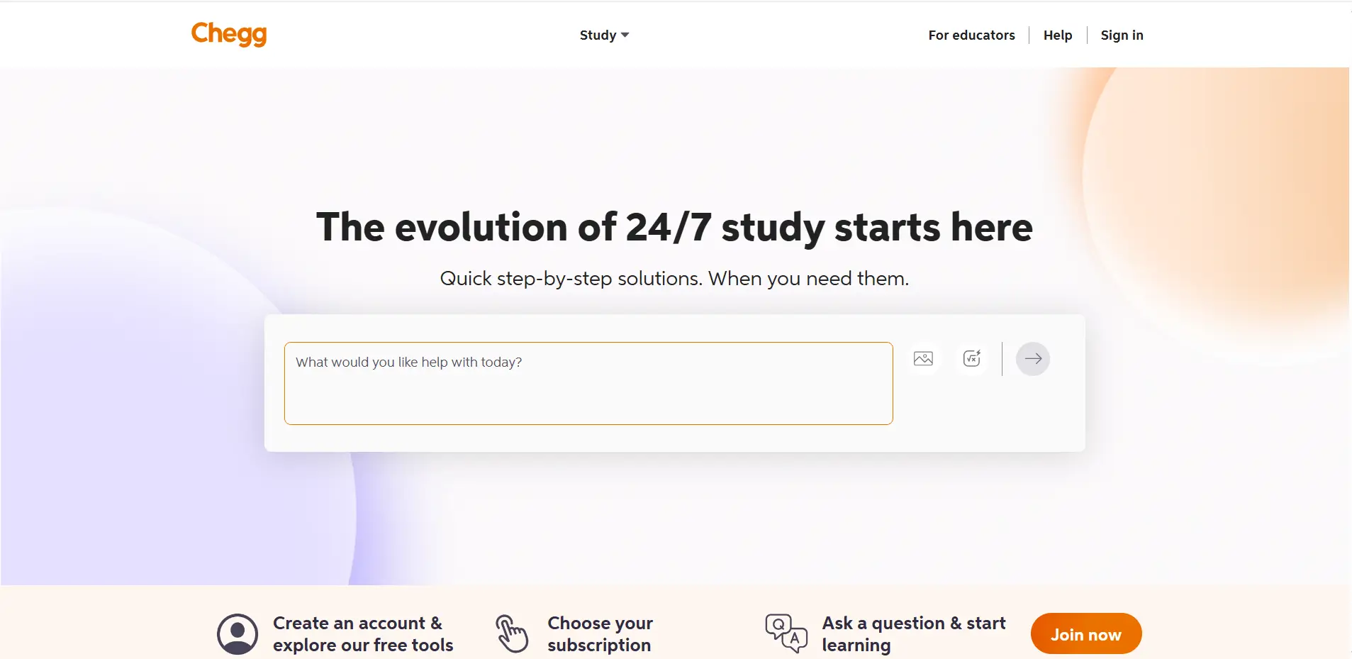 Chegg AI study platform interface showing a 24/7 study assistant for asking questions